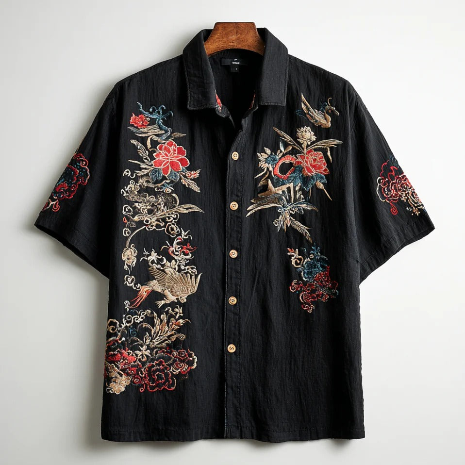 Embroidered Dragon Black Linen Shirt S–6XL – StyleUpShirt